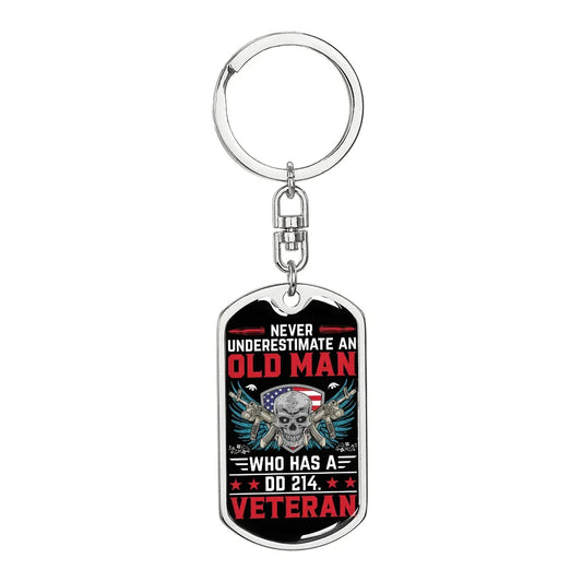 Gift For Veteran Dog Tag Keychain with Old Man Skull Design and DD 214 Military Tribute