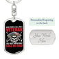 Gift For Veteran Dog Tag Keychain with skull design and personalized engraving on the back
