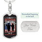Gift For Veteran Dog Tag Keychain with American flag design and personalized engraving option on back