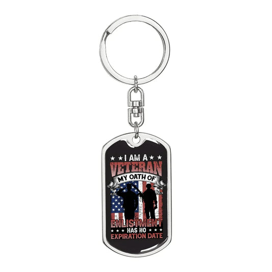 Gift For Veteran Dog Tag Keychain with patriotic design and inspirational veteran message