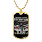 Gift For Veteran Dog Tag Necklace with patriotic eagle design and bold text on black background