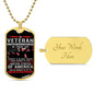 Gift For Veteran Dog Tag Necklace with patriotic design and customizable engraving on gold chain