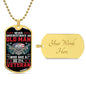 Gift For Veteran Dog Tag Necklace with skull and wings design and customizable engraving on gold pendant