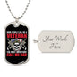 Gift For Veteran Dog Tag Necklace with skull and guns design and customizable back engraving