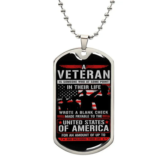 Gift For Veteran Dog Tag Necklace with patriotic design and inspiring United States of America message