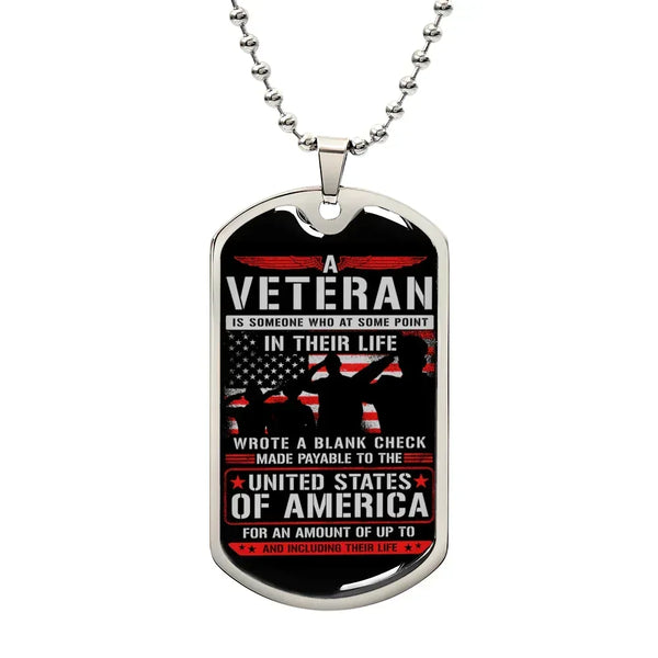 Gift For Veteran Dog Tag Necklace with patriotic design and inspiring United States of America message