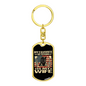 Gift for Wife Dog Tag Keychain with gold ring and veteran-themed design on black background