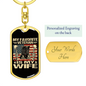 Gift for Wife Dog Tag Keychain with gold finish and patriotic veteran design with customizable engraving