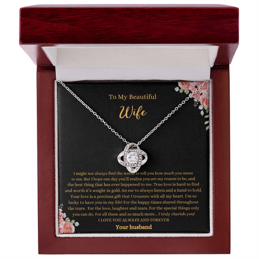 Gift for wife Love Knot Necklace with silver pendant in elegant wooden box from ShineOn Fulfillment