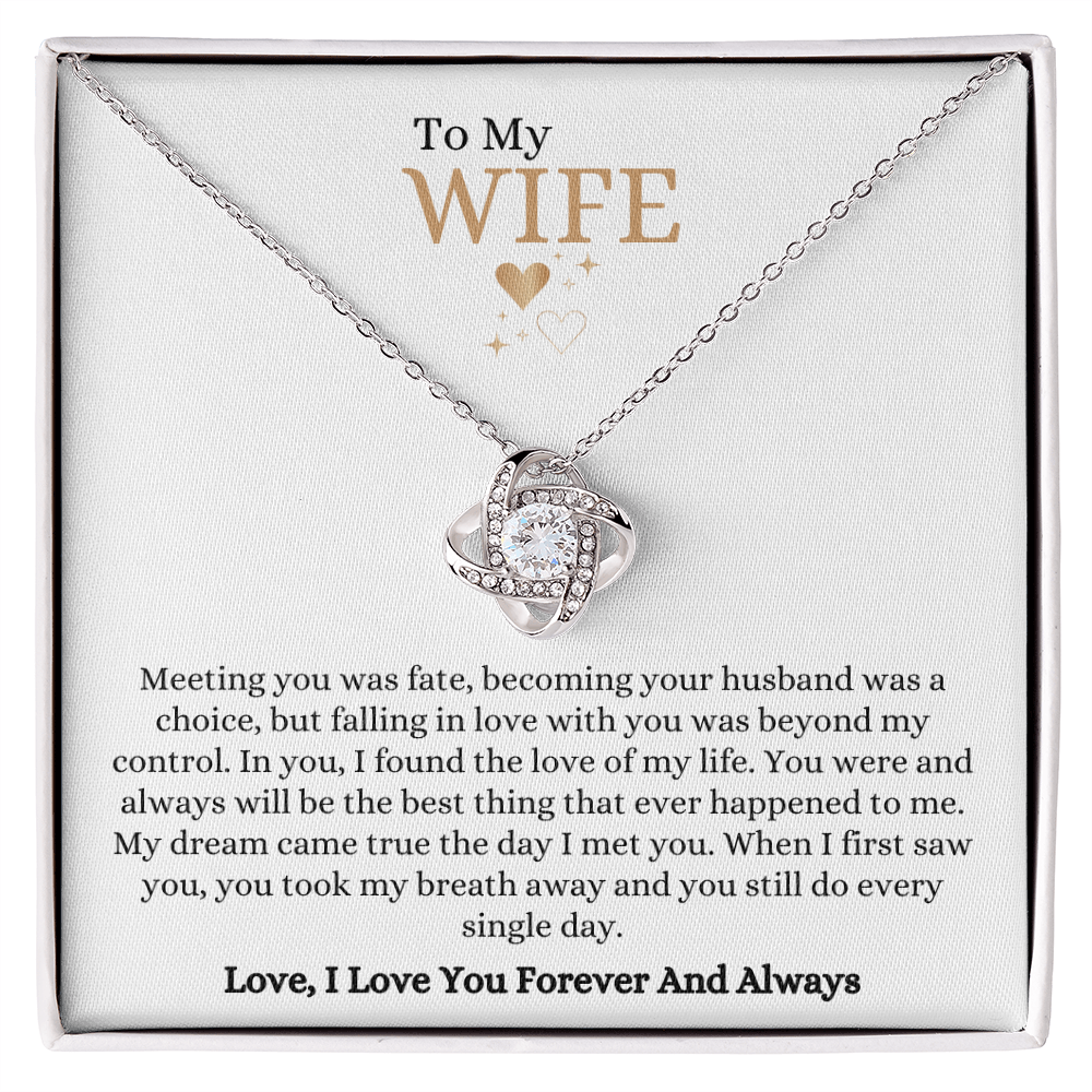 Gift for wife Necklace with sparkling knot pendant and romantic message in elegant gift box