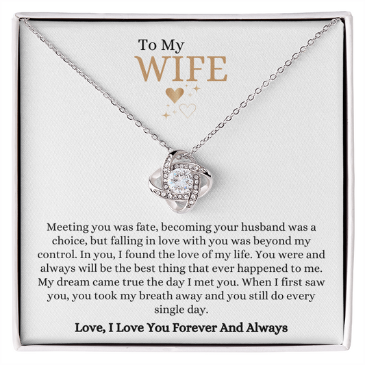 Gift for wife Necklace with sparkling knot pendant and romantic message in elegant gift box