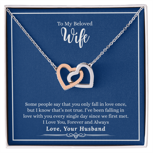 Gift for Wife Necklace with interlocking rose gold and silver hearts on a silver chain