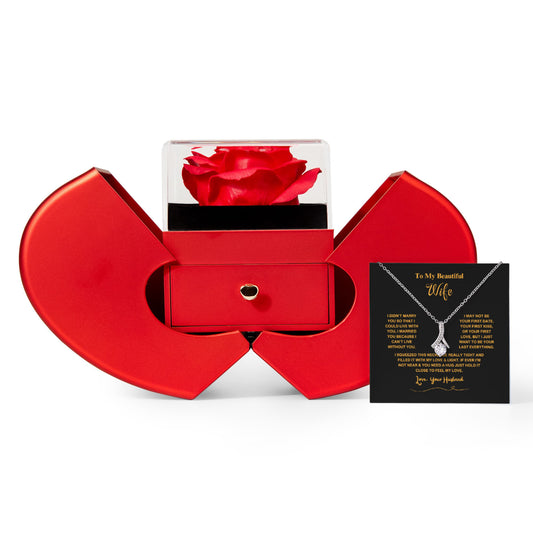 Gift for Wife Necklace with Red Heart Box featuring a pendant necklace and preserved red rose in heart-shaped gift box