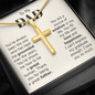 Gold cross necklace gift idea for a dad displayed with a heartfelt message in a jewelry box