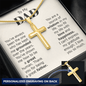 Gold cross necklace gift idea for a dad with personalized engraving and heartfelt message