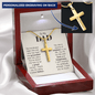 Gold cross necklace gift idea for a dad with personalized engraving in a wooden gift box