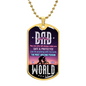 Gold dog tag necklace with a dad-themed design, a pink mustache, and gift idea for a dad