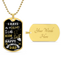 Gold dog tag necklace with Happy Birthday Dad design and customizable back gift idea for a dad