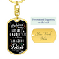 Dog tag necklace keychain with gold edges and black front reading great dad gift idea for a dad