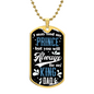 Gold dog tag necklace with black background and gift idea for a dad message in blue and white