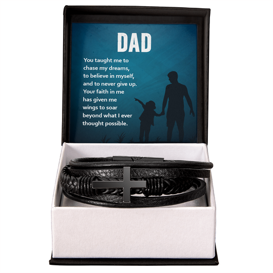 Black leather bracelet with cross design in gift box with dad message gift idea for a dad