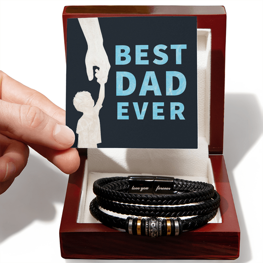 Black braided bracelet in wooden box with best dad ever card gift idea for a dad