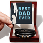 Black braided bracelet in wooden box with best dad ever card gift idea for a dad