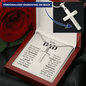 Silver cross necklace with personalized engraving gift idea for a dad in a red gift box with message
