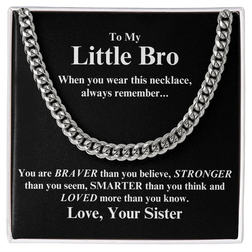 Silver chain necklace on a gift card with inspirational message for brother gift from sister