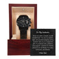 Black men's watch in wooden box with heartfelt message card ideal for gift presents for him