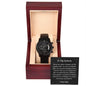 Elegant black ShineOn Fulfillment watch in wooden gift box with romantic message card gift presents for him