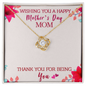 ShineOn Fulfillment gold love knot necklace with cubic zirconia center on Mothers Day card thank you for being love knot necklace
