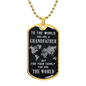Gold dog tag necklace with world map and sentimental message gift to grandpa from Someone Said Gift
