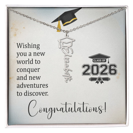 Graduation Cap Name Necklace with 2026 class design and congratulatory message in gift box