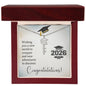Graduation Cap Name Necklace with Sophia name in silver on chain in a red gift box