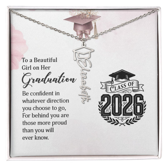 Graduation Cap Name Necklace by Someone Said Gift with a custom name pendant and a congratulatory card background