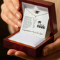 Graduation Cap Name Necklace in silver displayed in wooden gift box with congratulatory card for Class of 2026