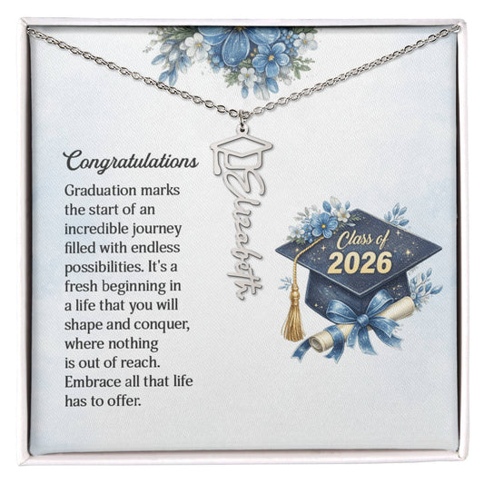 Graduation Cap Necklace with the name in silver chain displayed on congratulatory card