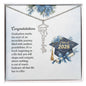 Graduation Cap Necklace with the name in silver chain displayed on congratulatory card