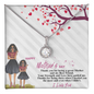 personalized mom necklace round halo crystal pendant on Mothers Day gift card with mother and daughter art