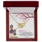 Gold interlocking heart pendant on chain in wooden gift box with card, Personalized Interlocking Hearts Necklace for Mom.