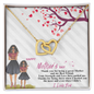 Personalized Interlocking Hearts Necklace for Mom. Gold double heart pendant on chain in gift box with Mothers Day card