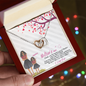 Personalized Interlocking Hearts Necklace for Mom displayed in red gift box with silver rose gold pendant and Mothers Day card
