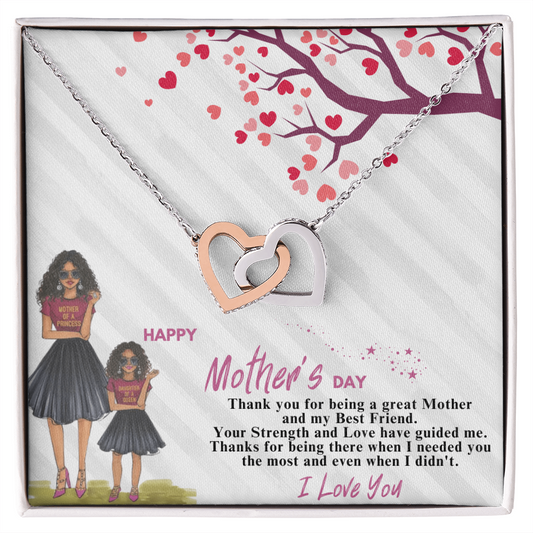 Personalized Interlocking Hearts Necklace for Mom displayed in gift box with rose gold and silver hearts and Mothers Day card