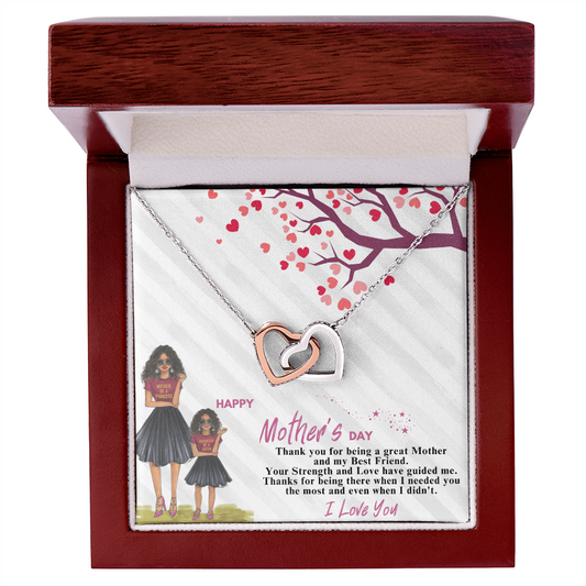 Personalized Interlocking Hearts Necklace for Mom. Silver and rose gold hearts on chain in wooden gift box with illustrated card