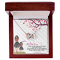 Personalized Interlocking Hearts Necklace for Mom. Silver and rose gold hearts on chain in wooden gift box with illustrated card