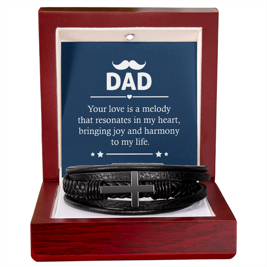 Black leather bracelet with cross in wooden gift box with dad message gift idea for a dad
