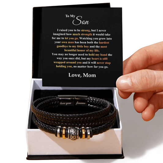 Love you forever bracelet for son with braided black leather and metal accents in gift box