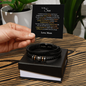 Love you forever bracelet for son in black braided leather with metal accents on gift box