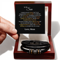 Love you forever bracelet for son with black braided leather and metal accents in wooden gift box